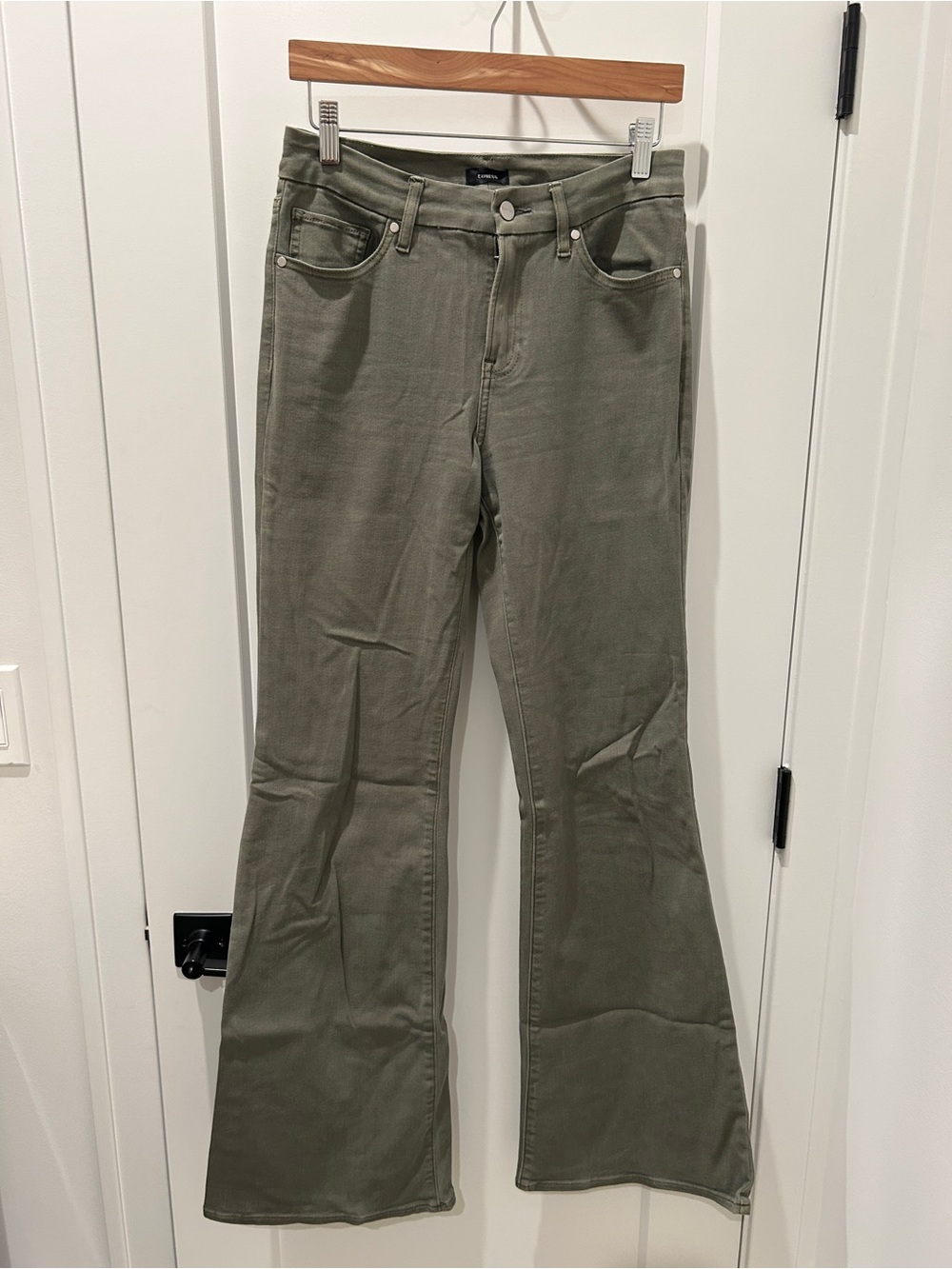 Express Olive Green High-Rise Flare Jeans Fits 6, 8, 10